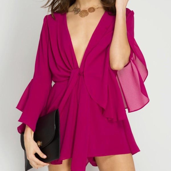 Hot Pink Flare Sleeve Deep V Romper - Picture 5 of 5